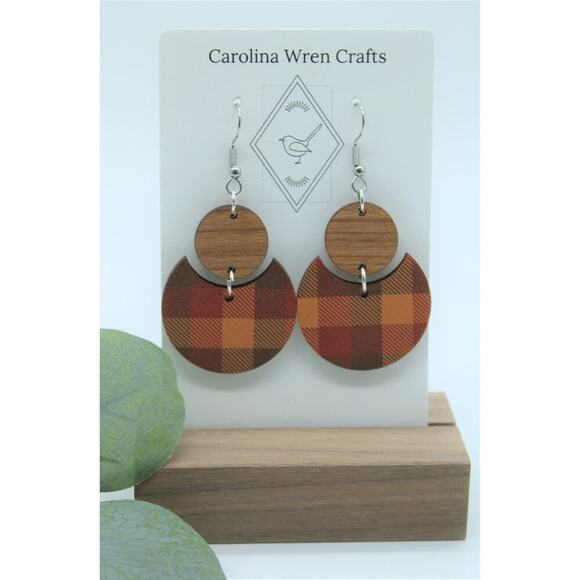 Orange Brown Yellow Plaid Wood Lightweight Dangle Fall Autumn Earrings - Picture 3 of 3